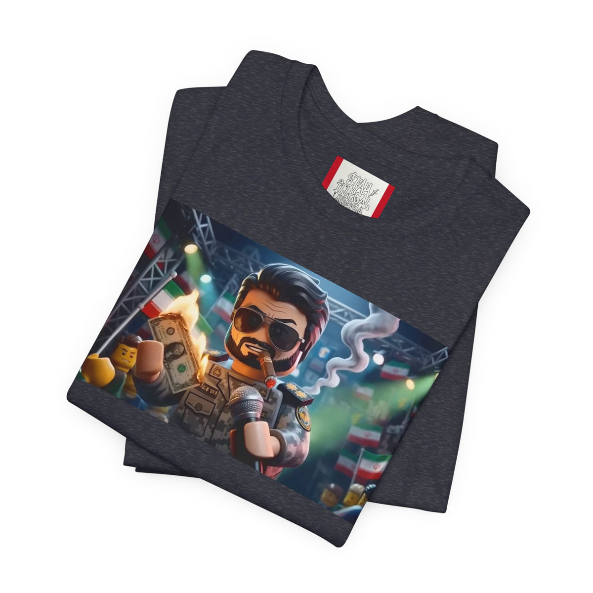 Propaganda T‑Shirt — IRAN LEGOS — IRGC Burn The Dollars