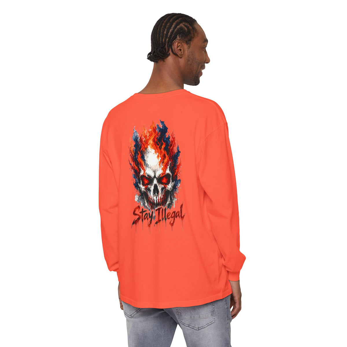 Back Print Long Sleeve T‑Shirt — Stay Illegal Skull/D