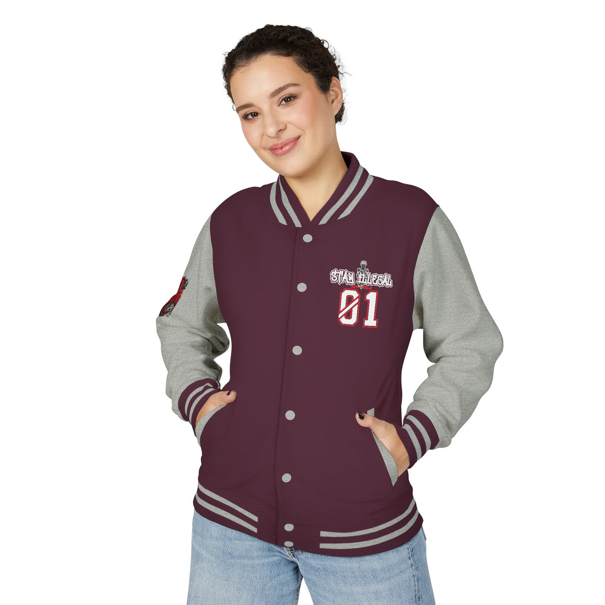 Stay Illegal Varsity Bomber Jacket - Calm Like a Bomb 01 (No To NATO Graphic)
