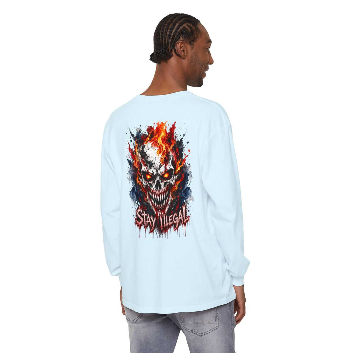 Back Print Long Sleeve T‑Shirt — Stay Illegal Skull/E