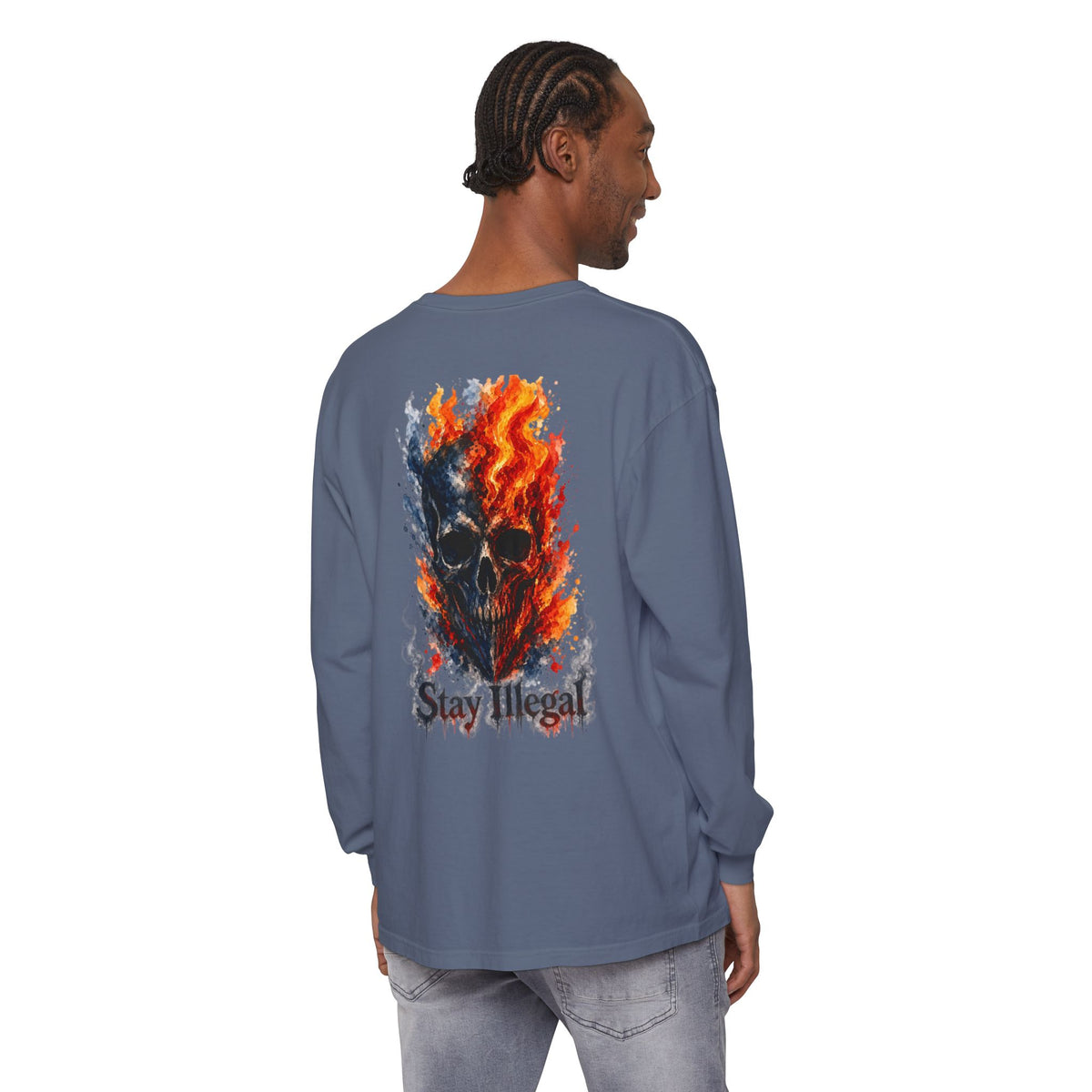 Back Print Long Sleeve T‑Shirt — Stay Illegal Skull/F