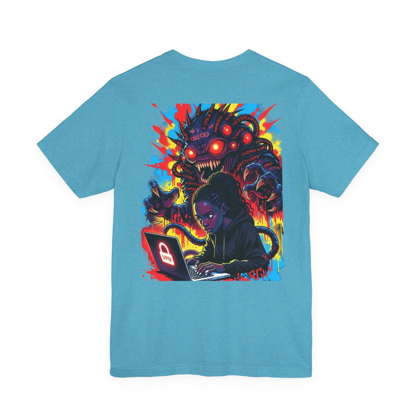 Back Print T‑Shirt — HACKER GIRL/NEON GLITCH VPN