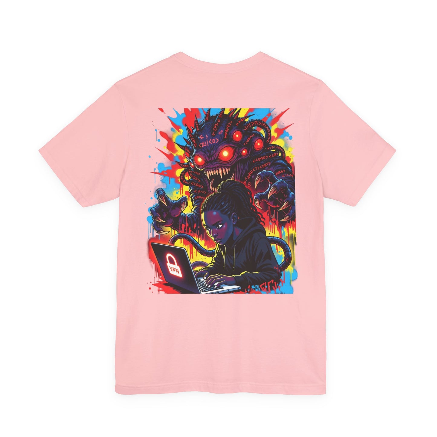 Back Print T‑Shirt — HACKER GIRL/NEON GLITCH VPN