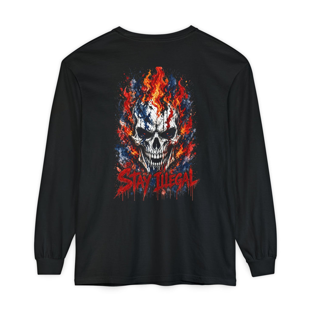 Back Print Long Sleeve T‑Shirt — Stay Illegal Skull/C