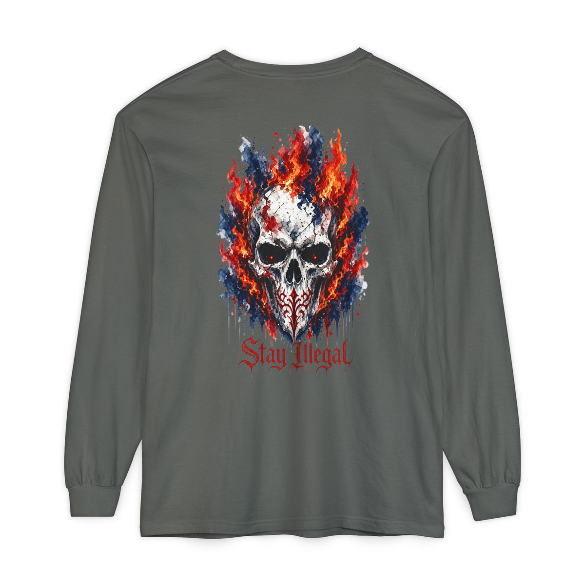 Back Print Long Sleeve T‑Shirt — Stay Illegal Skull/A
