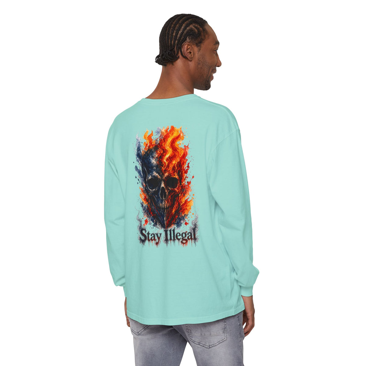 Back Print Long Sleeve T‑Shirt — Stay Illegal Skull/F