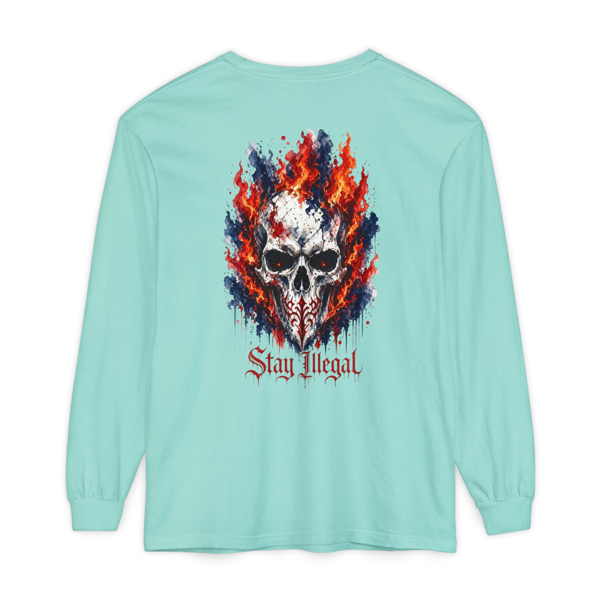 Back Print Long Sleeve T‑Shirt — Stay Illegal Skull/A