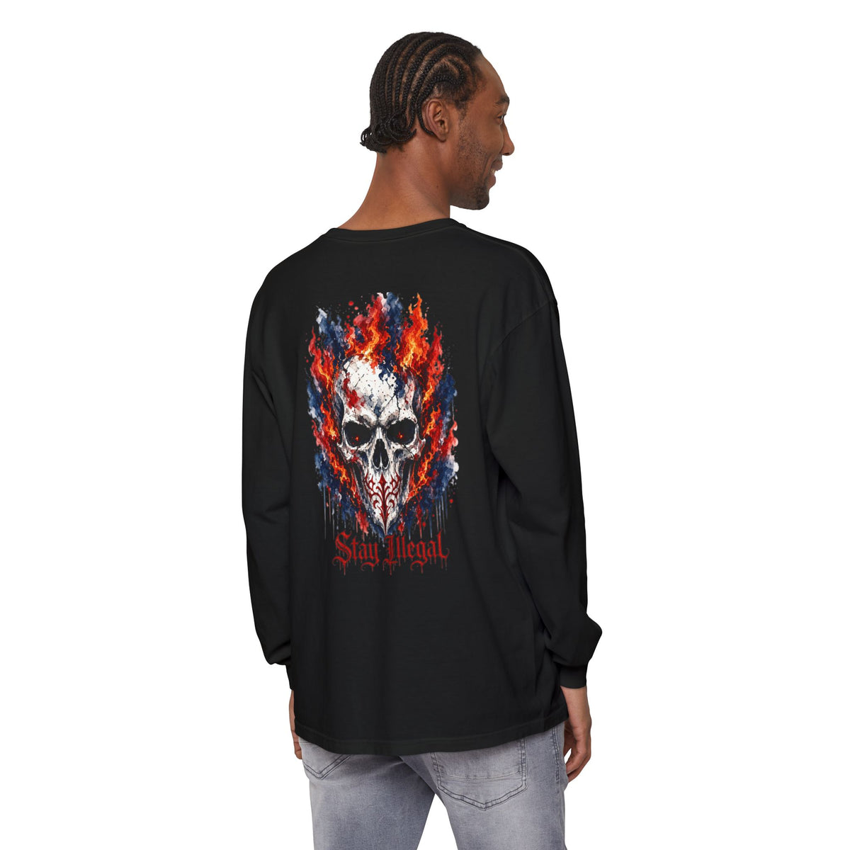 Back Print Long Sleeve T‑Shirt — Stay Illegal Skull/A