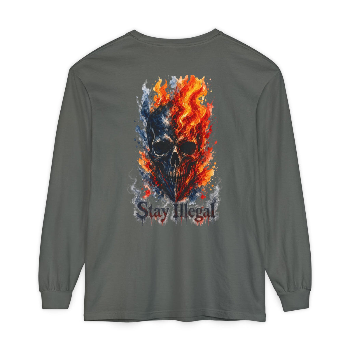 Back Print Long Sleeve T‑Shirt — Stay Illegal Skull/F