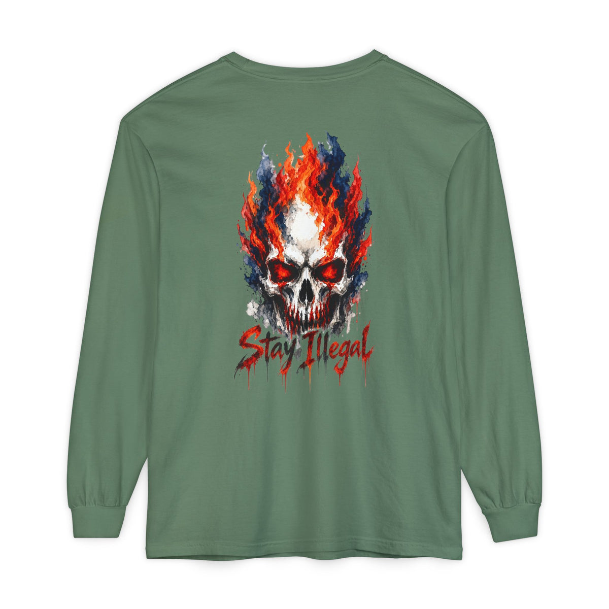 Back Print Long Sleeve T‑Shirt — Stay Illegal Skull/D