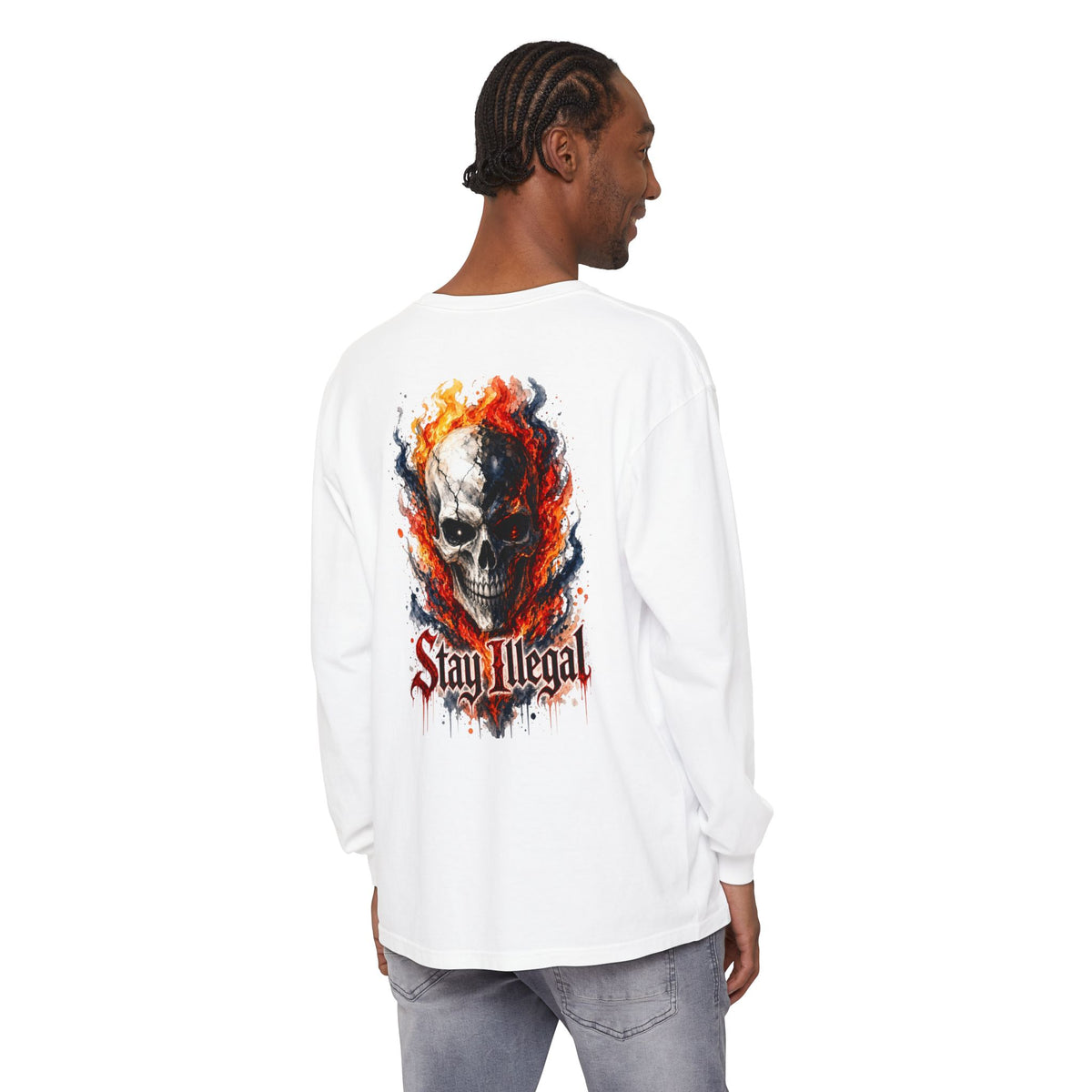 Back Print Long Sleeve T‑Shirt — Stay Illegal Skull/B