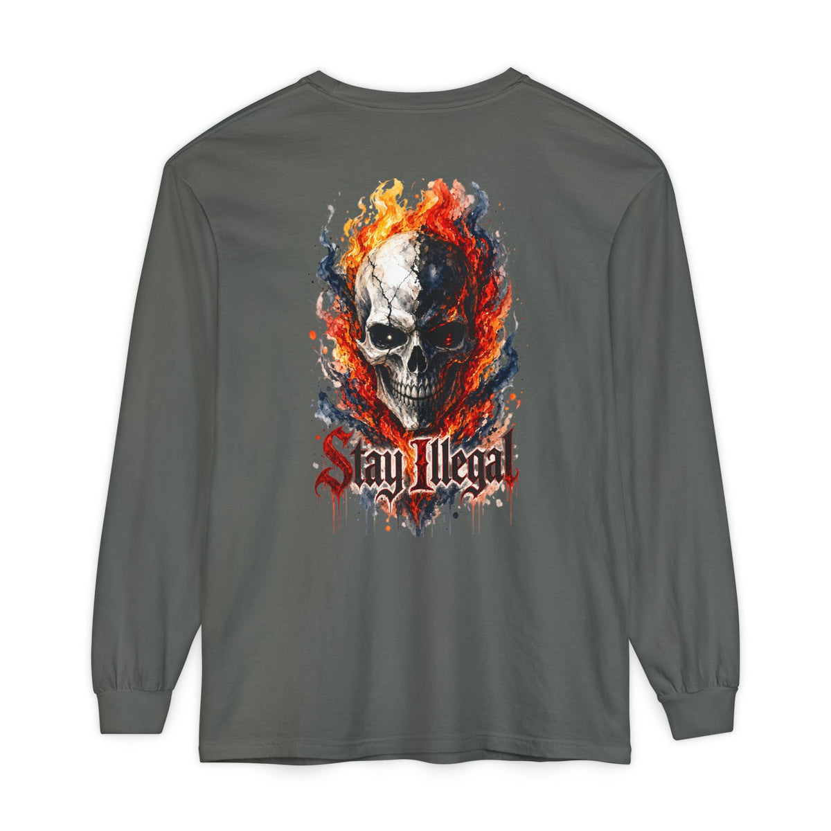 Back Print Long Sleeve T‑Shirt — Stay Illegal Skull/B