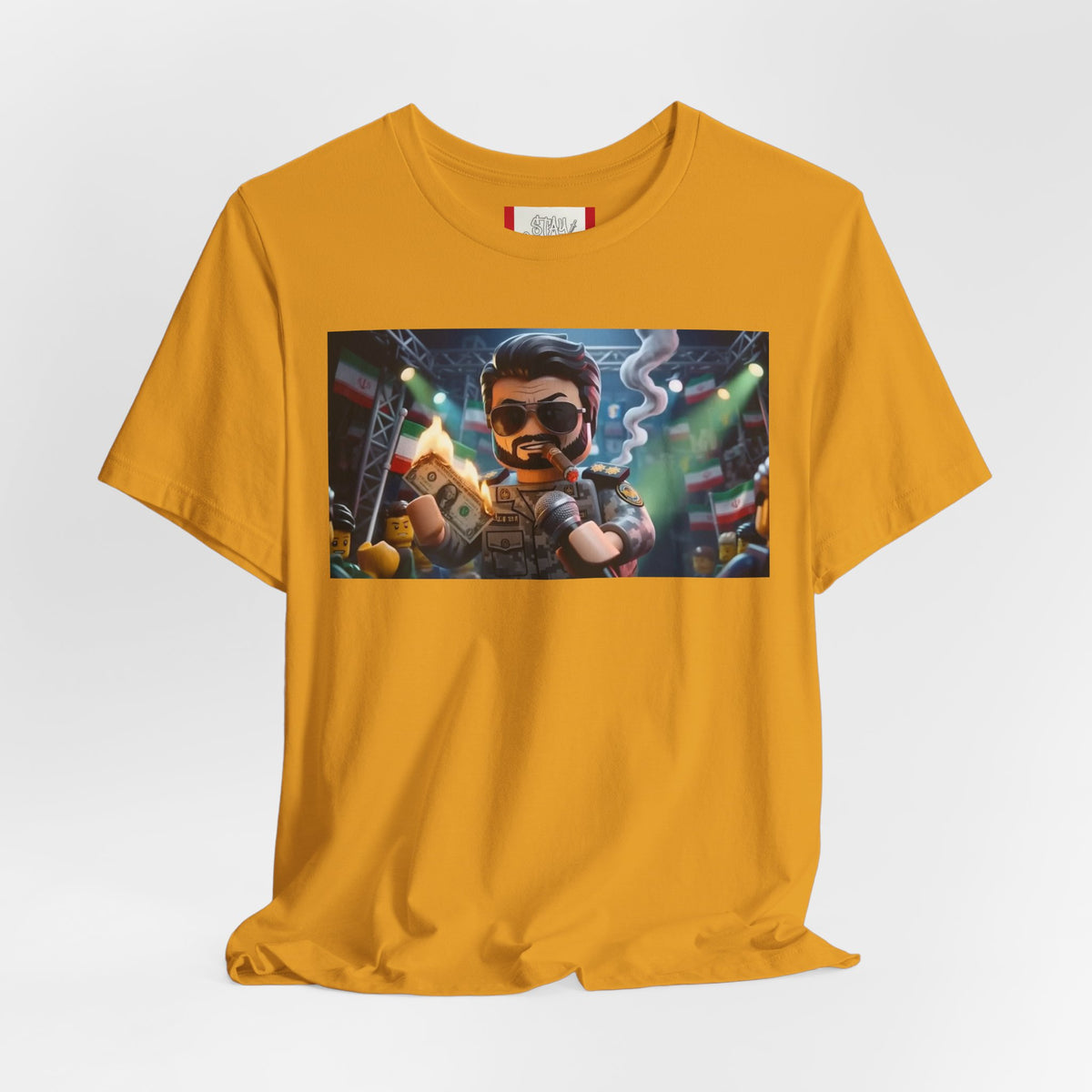 Propaganda T‑Shirt — IRAN LEGOS — IRGC Burn The Dollars