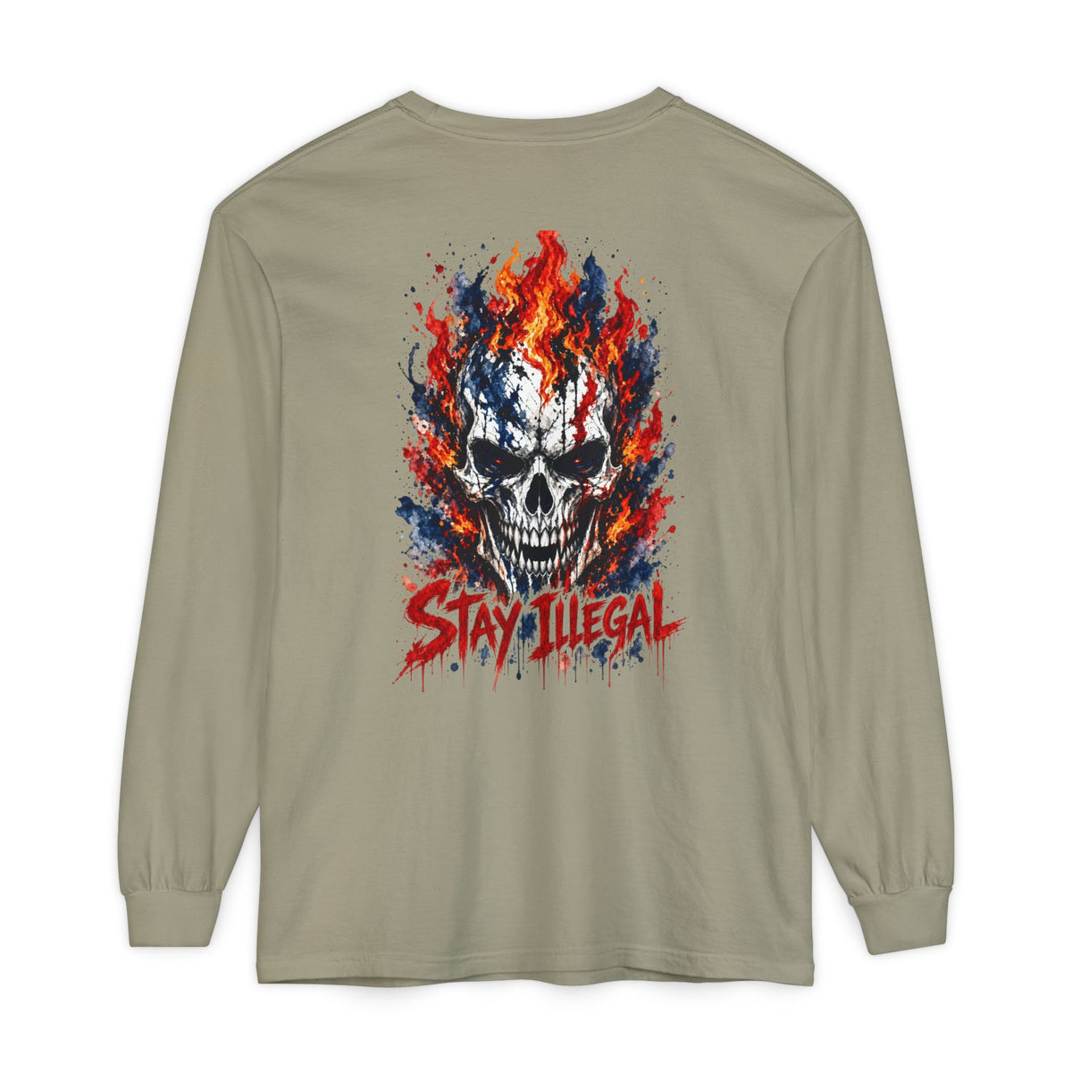 Back Print Long Sleeve T‑Shirt — Stay Illegal Skull/C