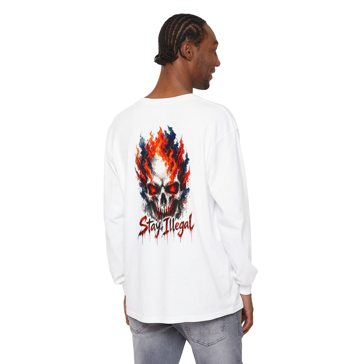Back Print Long Sleeve T‑Shirt — Stay Illegal Skull/D