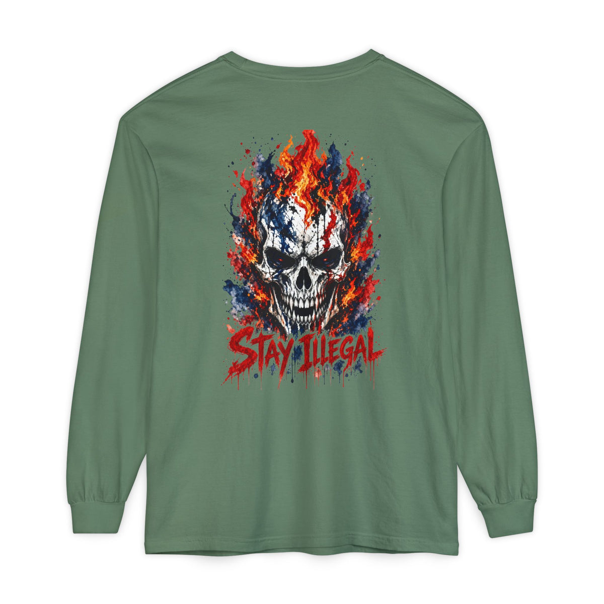 Back Print Long Sleeve T‑Shirt — Stay Illegal Skull/C