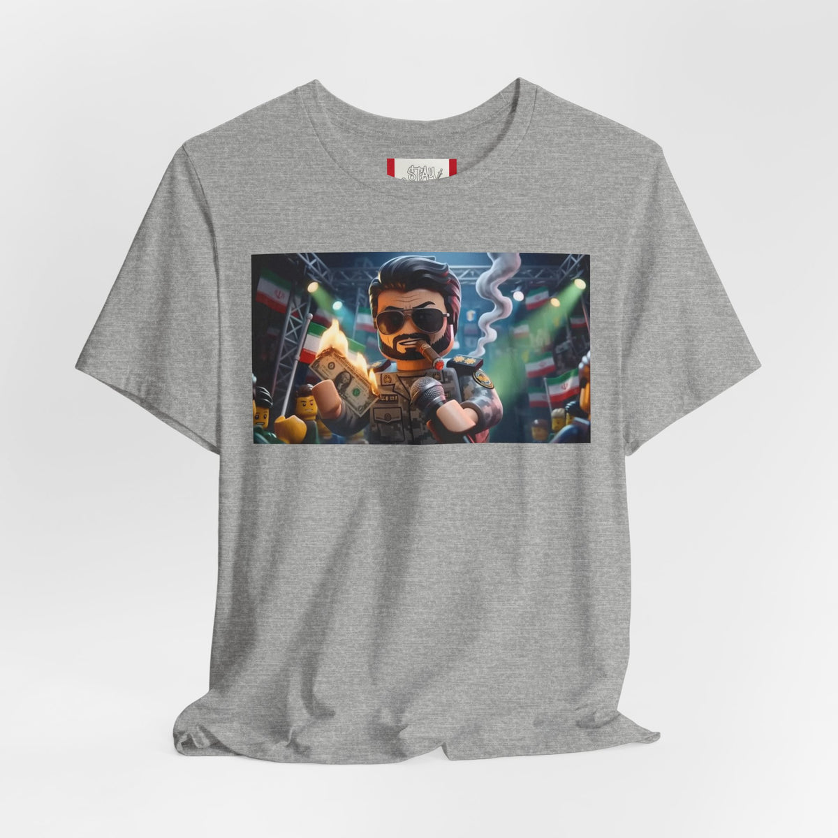 Propaganda T‑Shirt — IRAN LEGOS — IRGC Burn The Dollars
