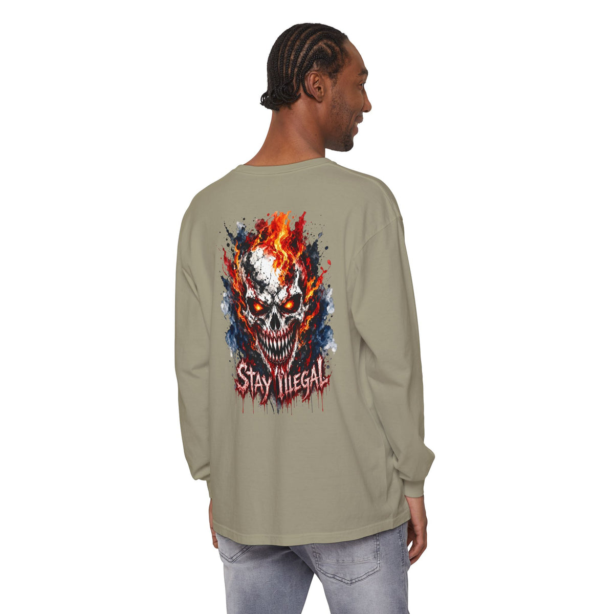 Back Print Long Sleeve T‑Shirt — Stay Illegal Skull/E