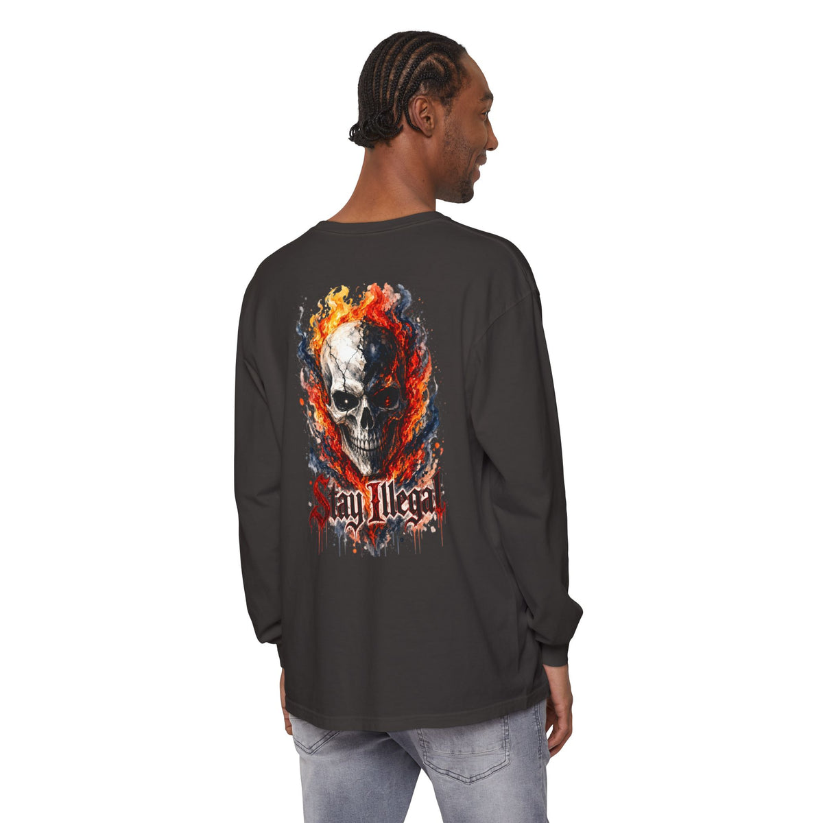 Back Print Long Sleeve T‑Shirt — Stay Illegal Skull/B