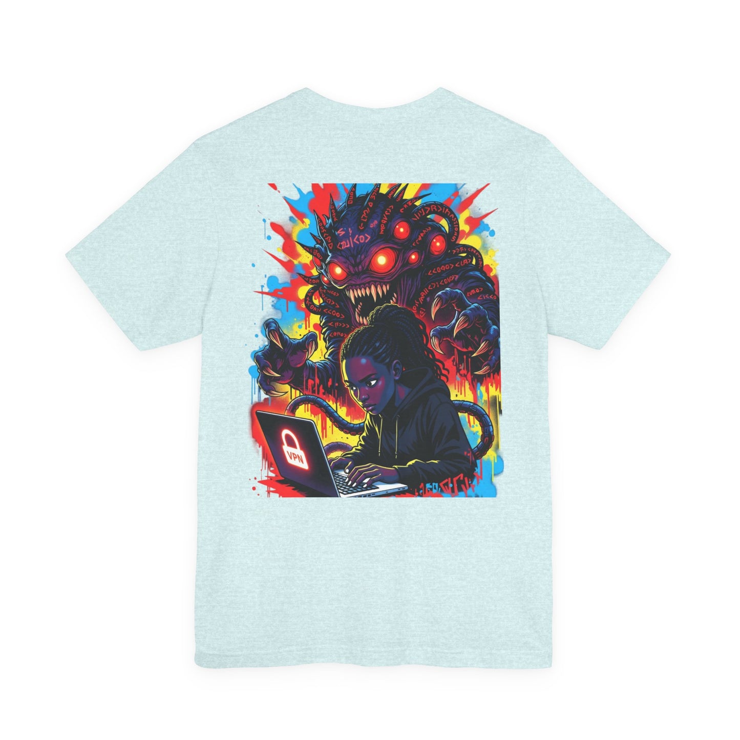 Back Print T‑Shirt — HACKER GIRL/NEON GLITCH VPN