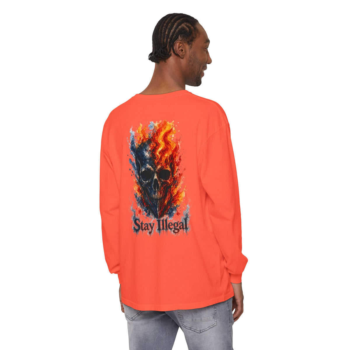 Back Print Long Sleeve T‑Shirt — Stay Illegal Skull/F
