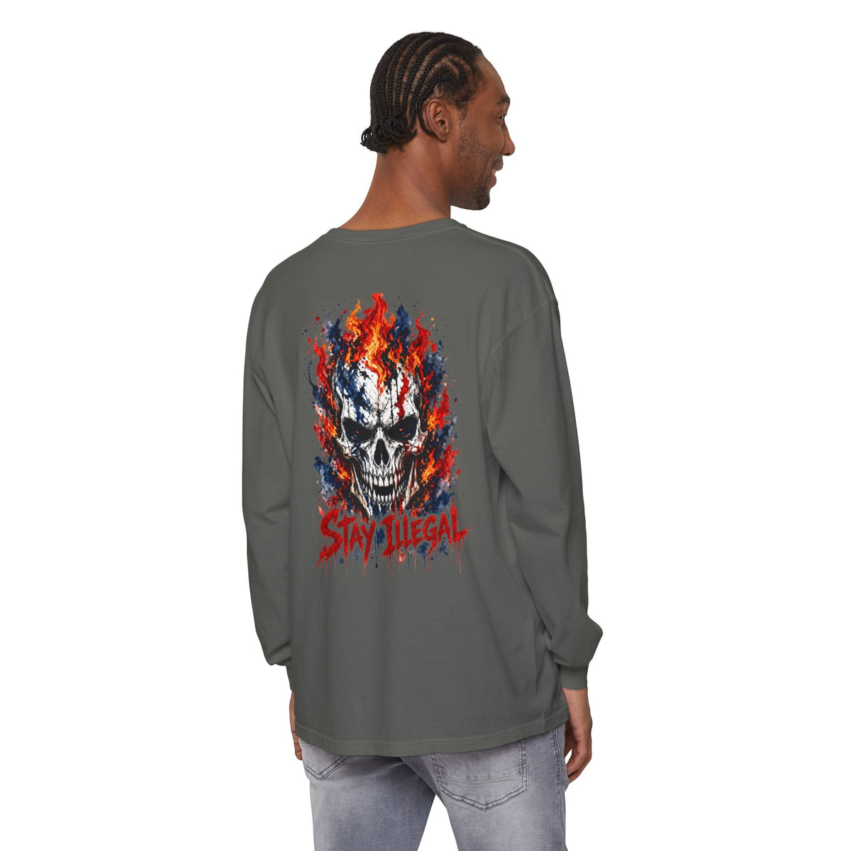 Back Print Long Sleeve T‑Shirt — Stay Illegal Skull/C