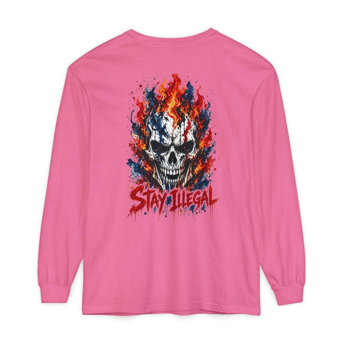 Back Print Long Sleeve T‑Shirt — Stay Illegal Skull/C