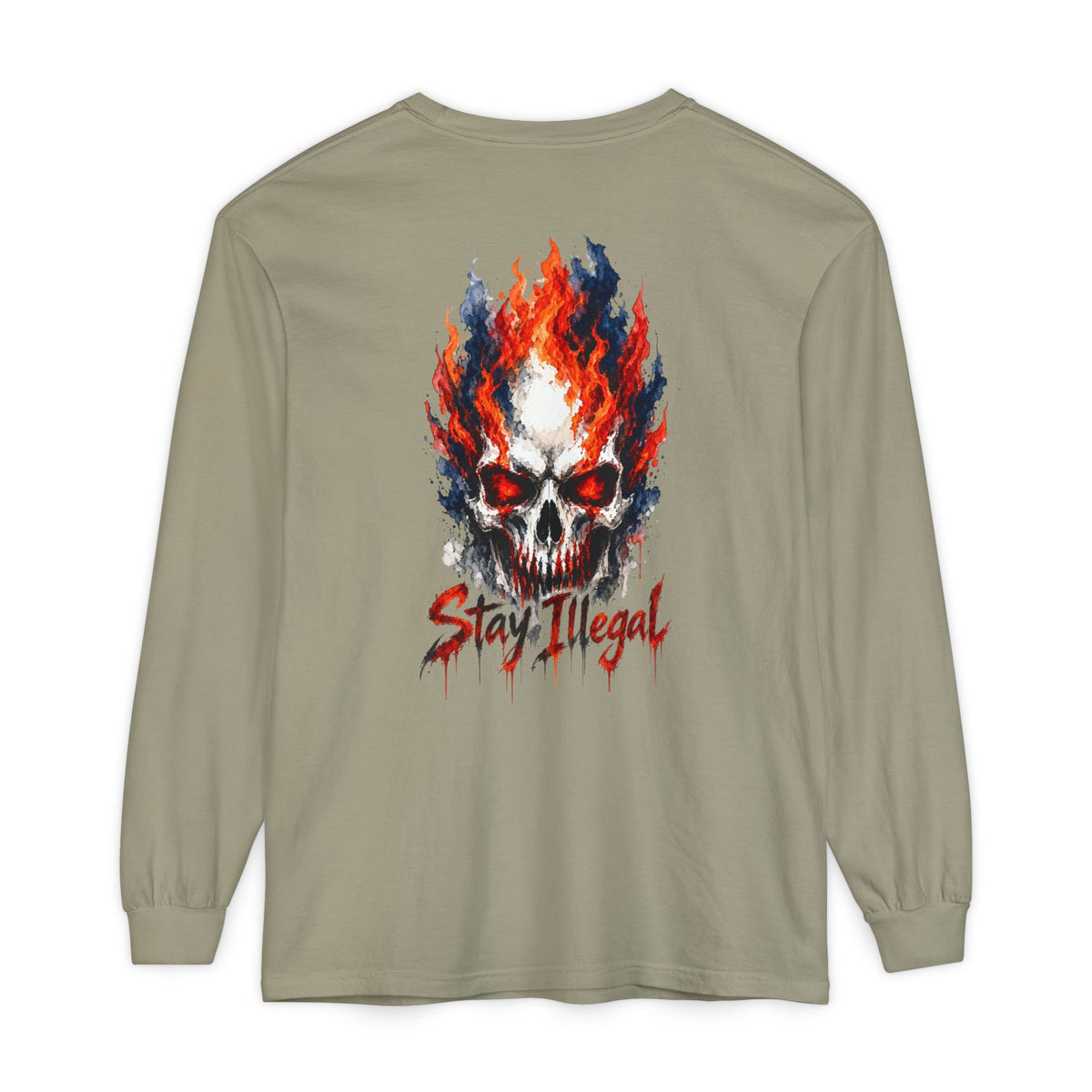 Back Print Long Sleeve T‑Shirt — Stay Illegal Skull/D
