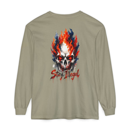 Back Print Long Sleeve T‑Shirt — Stay Illegal Skull/D