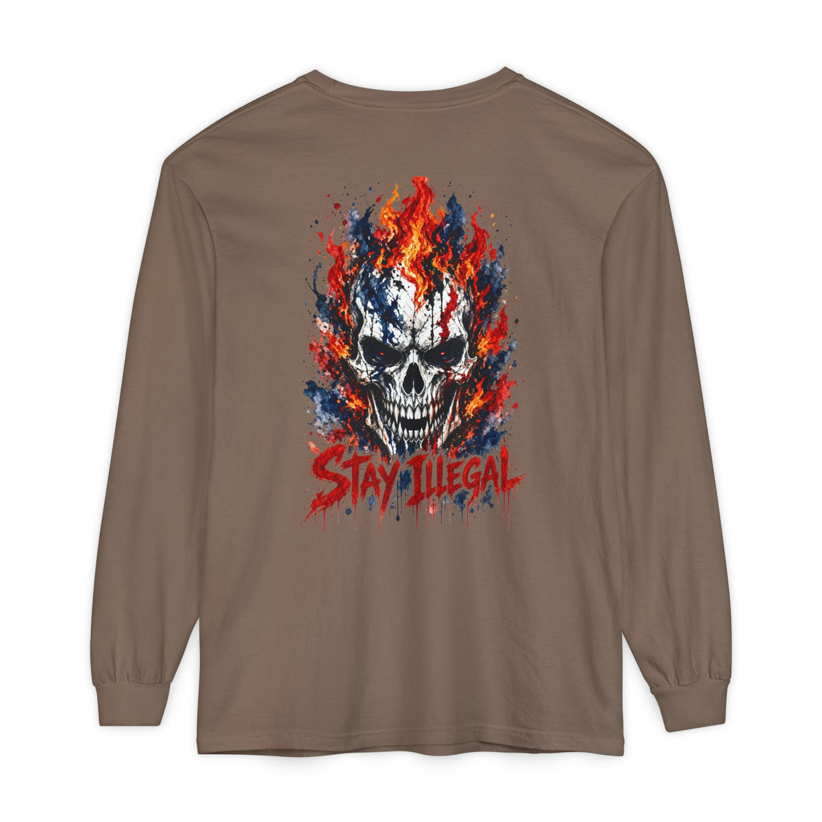 Back Print Long Sleeve T‑Shirt — Stay Illegal Skull/C
