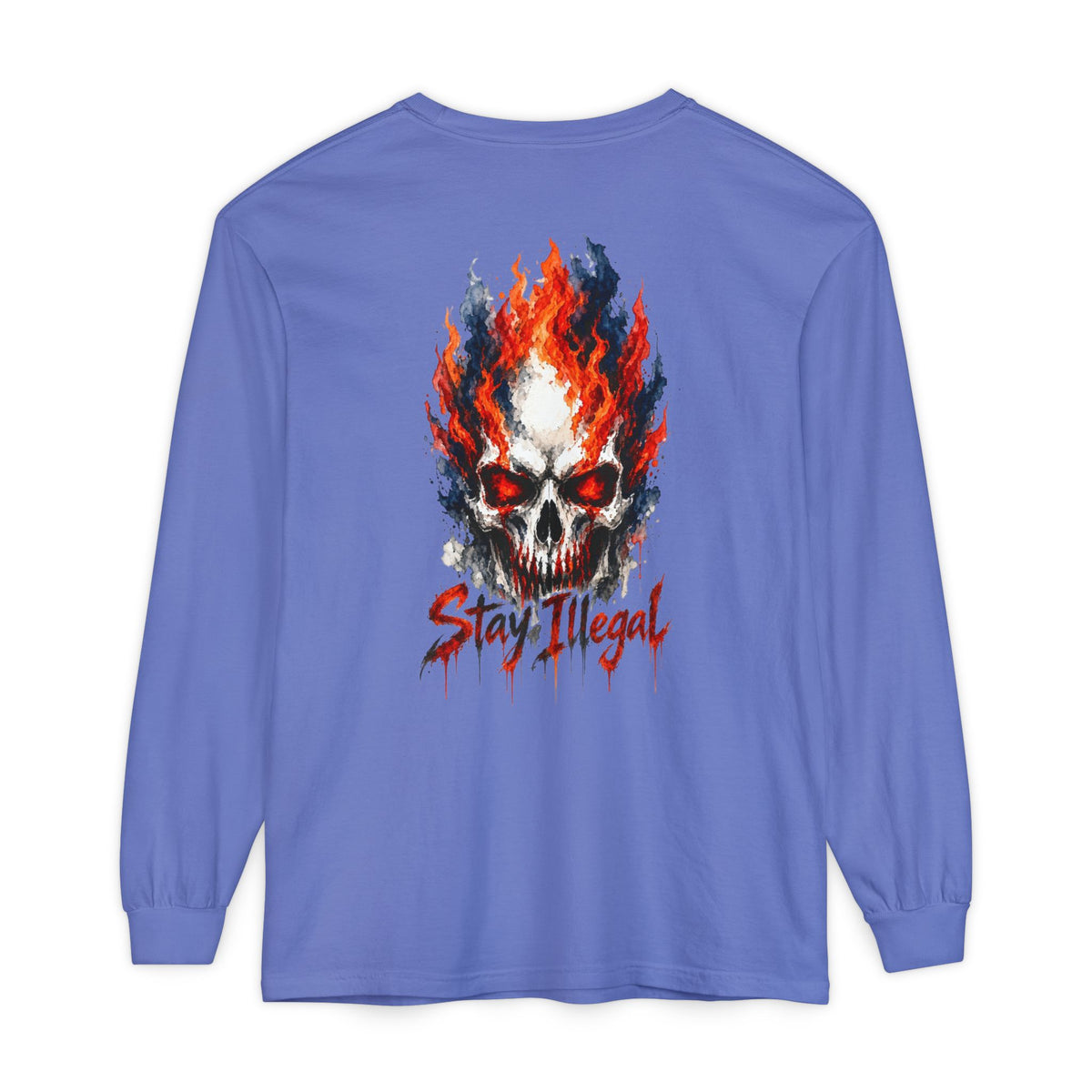 Back Print Long Sleeve T‑Shirt — Stay Illegal Skull/D