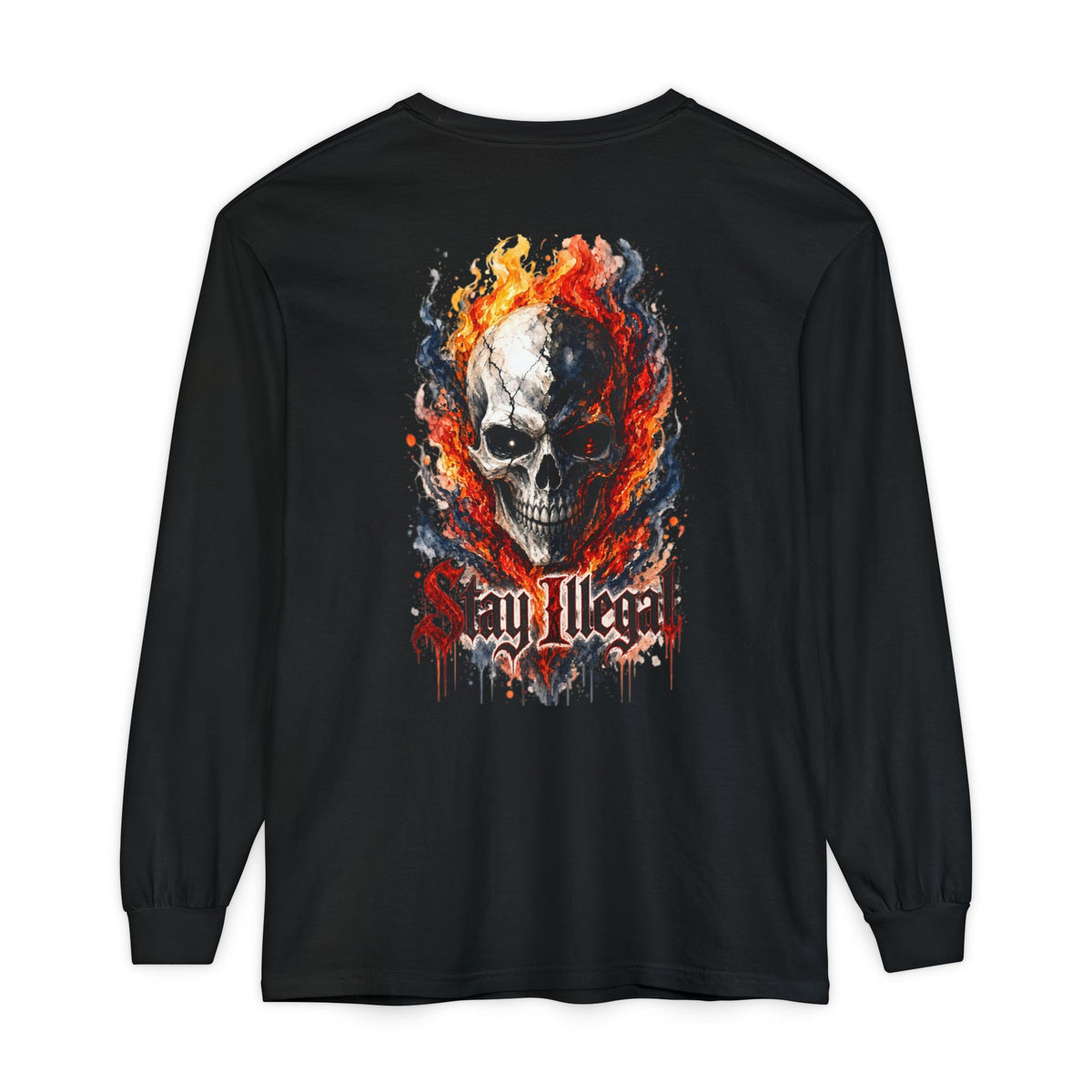 Back Print Long Sleeve T‑Shirt — Stay Illegal Skull/B
