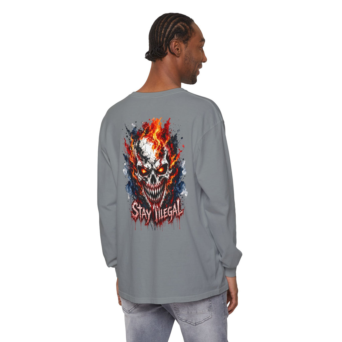 Back Print Long Sleeve T‑Shirt — Stay Illegal Skull/E