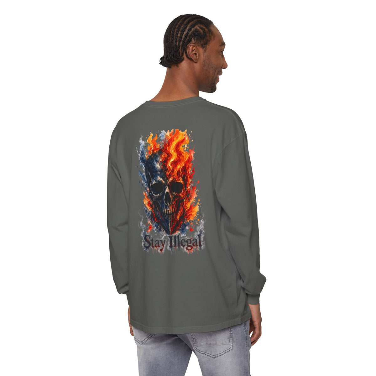 Back Print Long Sleeve T‑Shirt — Stay Illegal Skull/F