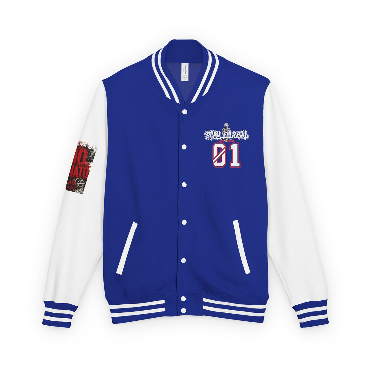 Stay Illegal Varsity Bomber Jacket - Calm Like a Bomb 01 (No To NATO Graphic)