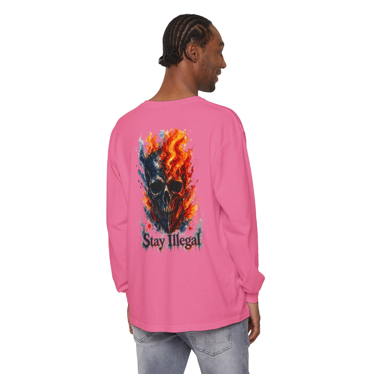 Back Print Long Sleeve T‑Shirt — Stay Illegal Skull/F