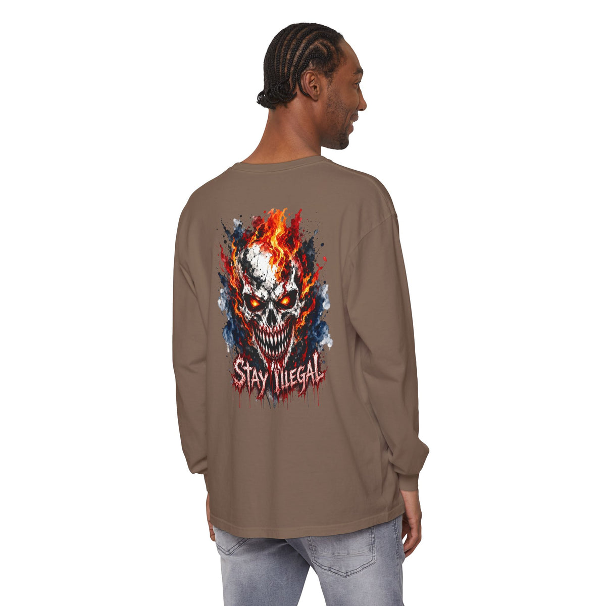 Back Print Long Sleeve T‑Shirt — Stay Illegal Skull/E