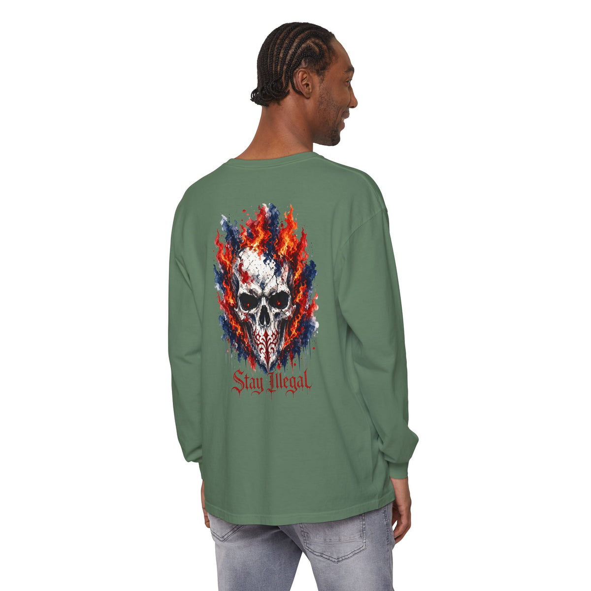 Back Print Long Sleeve T‑Shirt — Stay Illegal Skull/A