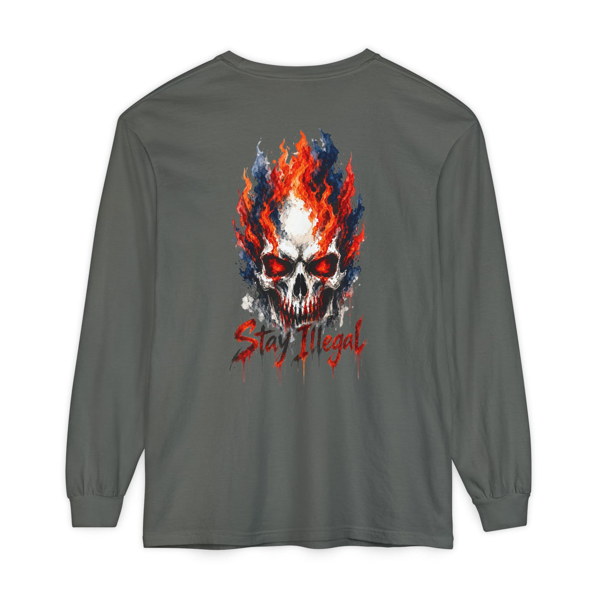 Back Print Long Sleeve T‑Shirt — Stay Illegal Skull/D