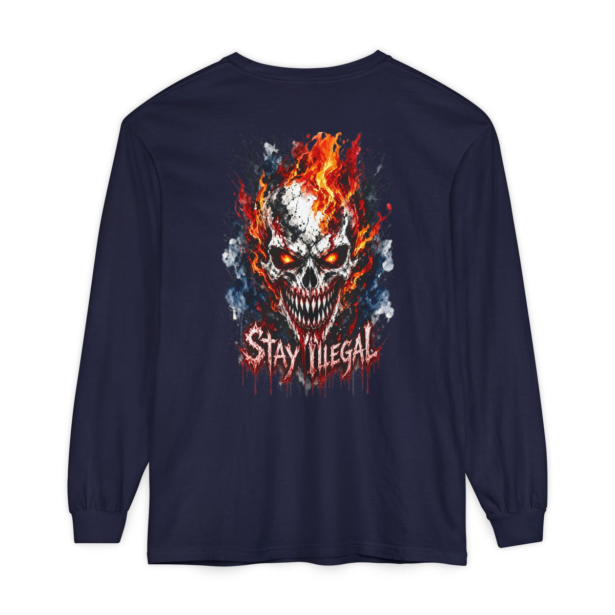 Back Print Long Sleeve T‑Shirt — Stay Illegal Skull/E