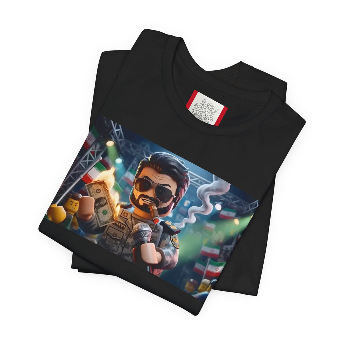 Propaganda T‑Shirt — IRAN LEGOS — IRGC Burn The Dollars