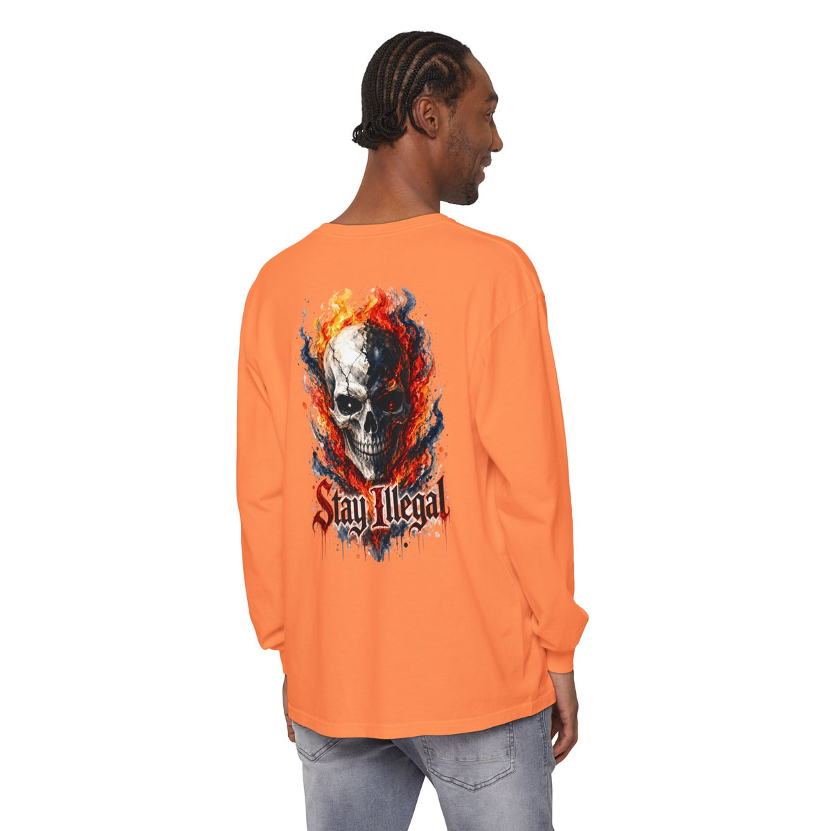 Back Print Long Sleeve T‑Shirt — Stay Illegal Skull/B