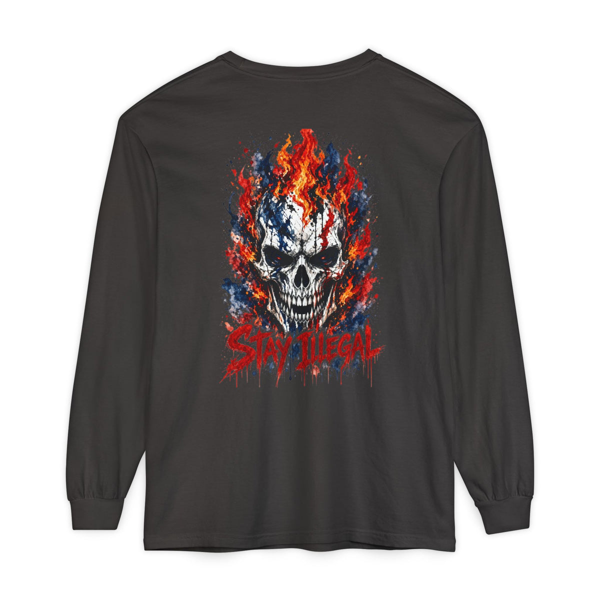 Back Print Long Sleeve T‑Shirt — Stay Illegal Skull/C
