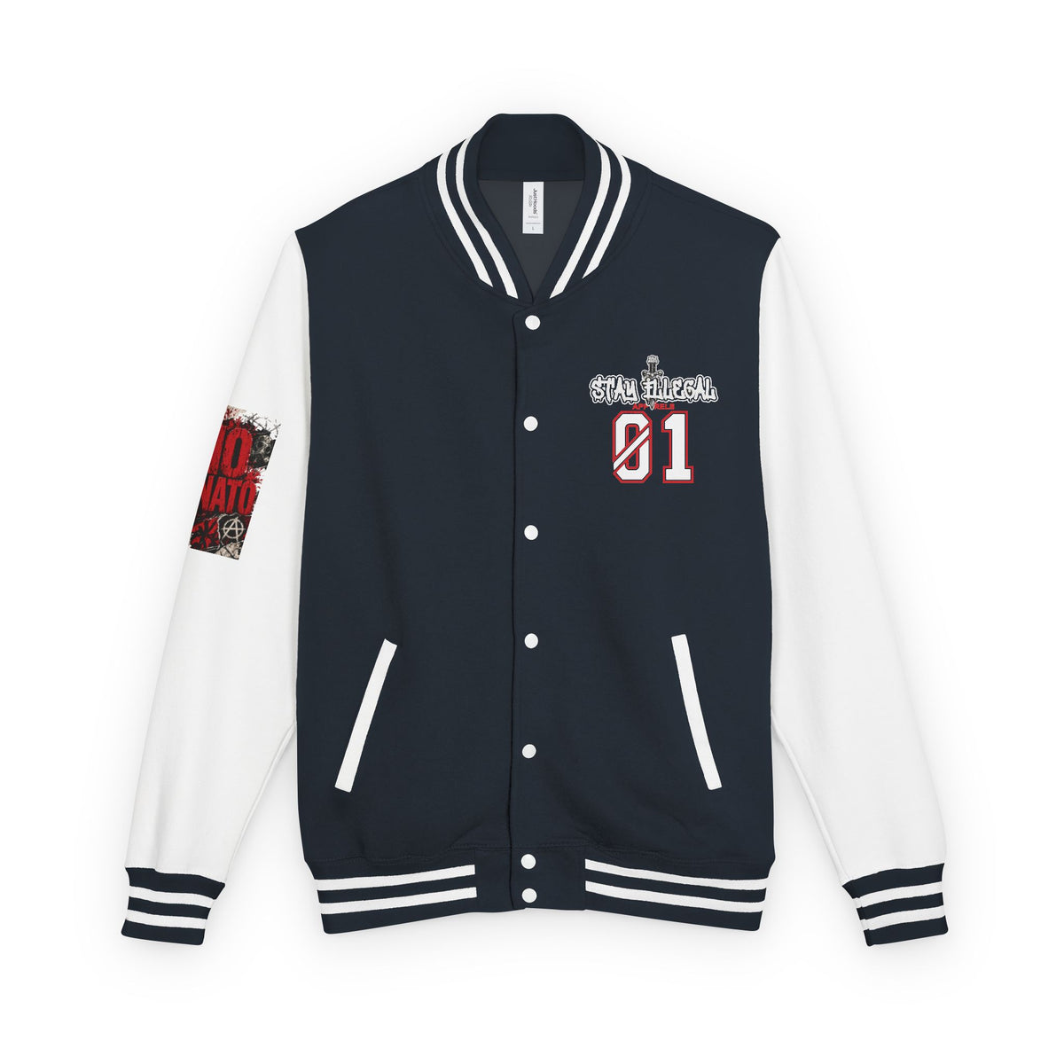 Stay Illegal Varsity Bomber Jacket - Calm Like a Bomb 01 (No To NATO Graphic)
