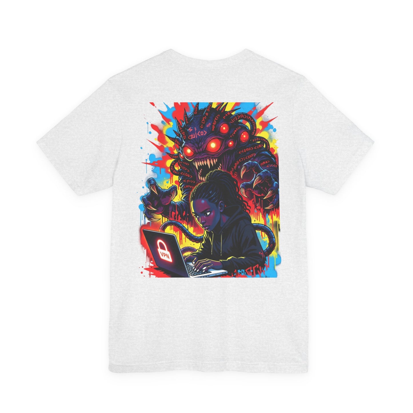 Back Print T‑Shirt — HACKER GIRL/NEON GLITCH VPN