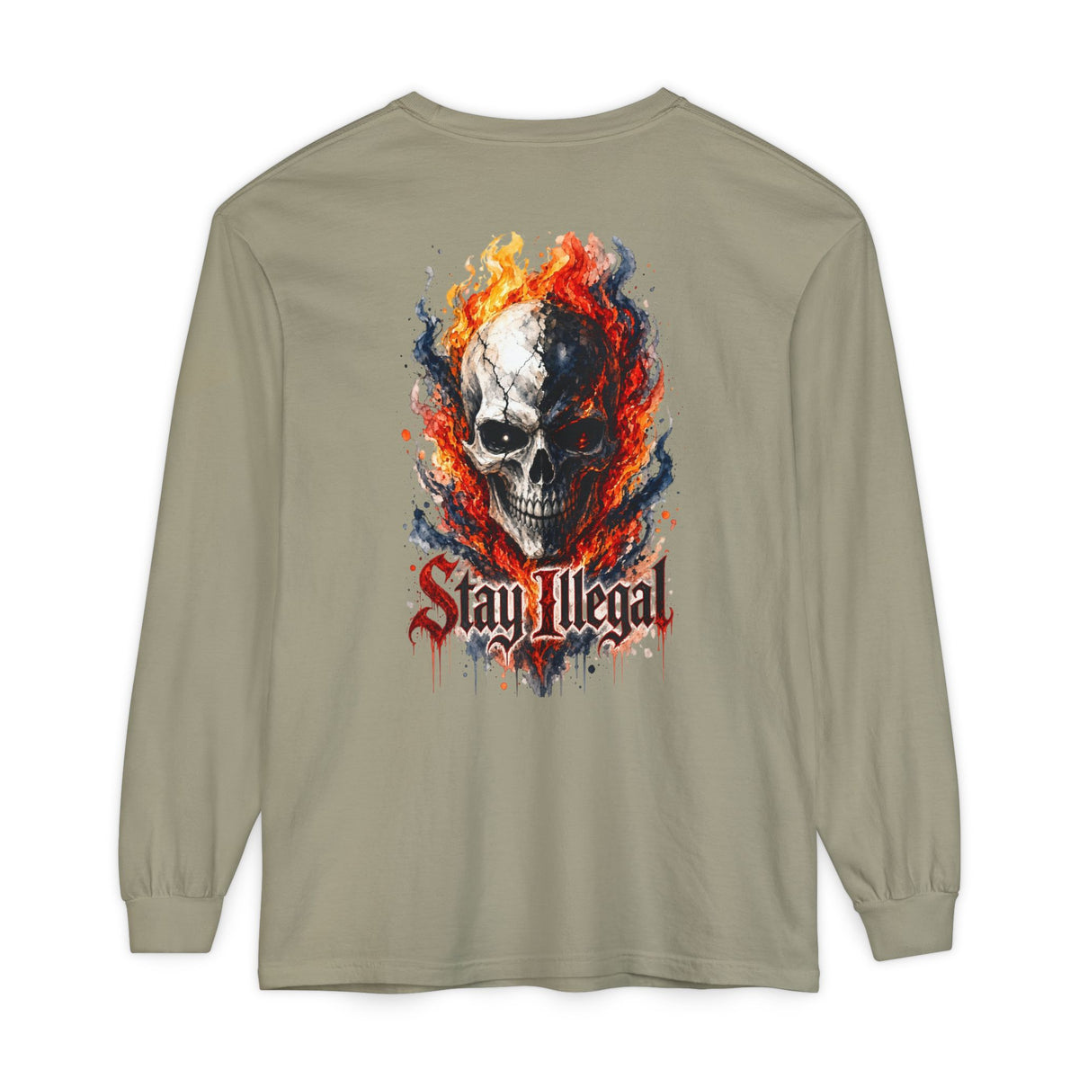 Back Print Long Sleeve T‑Shirt — Stay Illegal Skull/B