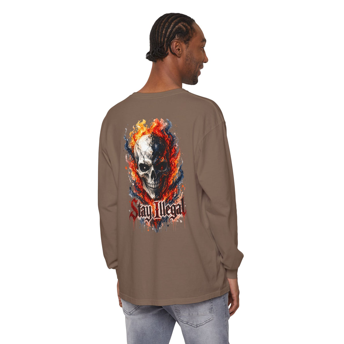Back Print Long Sleeve T‑Shirt — Stay Illegal Skull/B