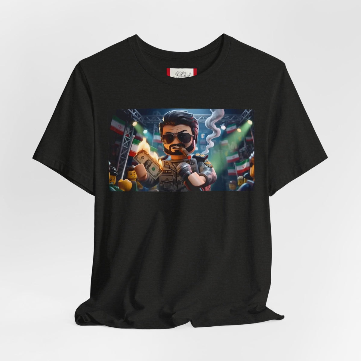 Propaganda T‑Shirt — IRAN LEGOS — IRGC Burn The Dollars
