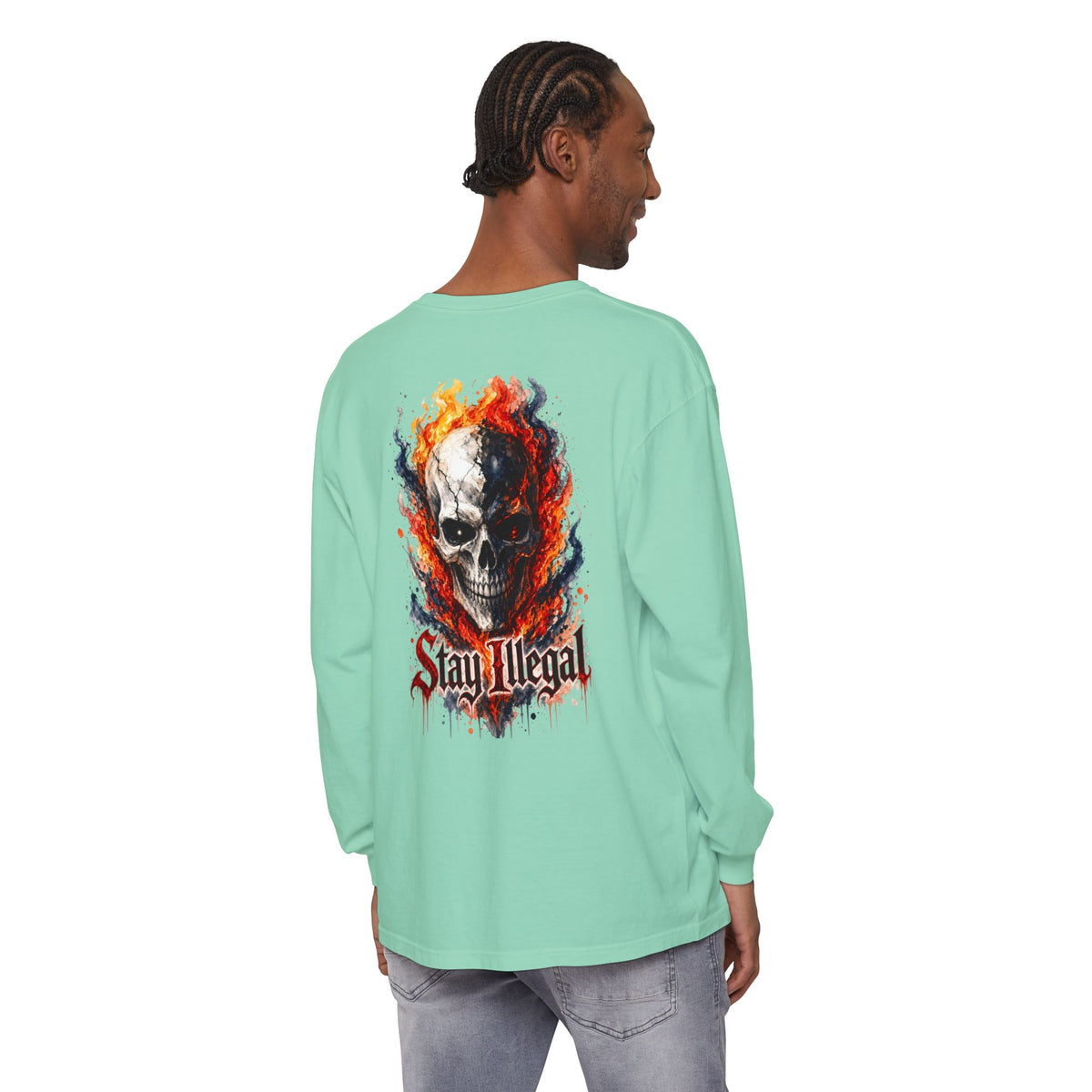 Back Print Long Sleeve T‑Shirt — Stay Illegal Skull/B