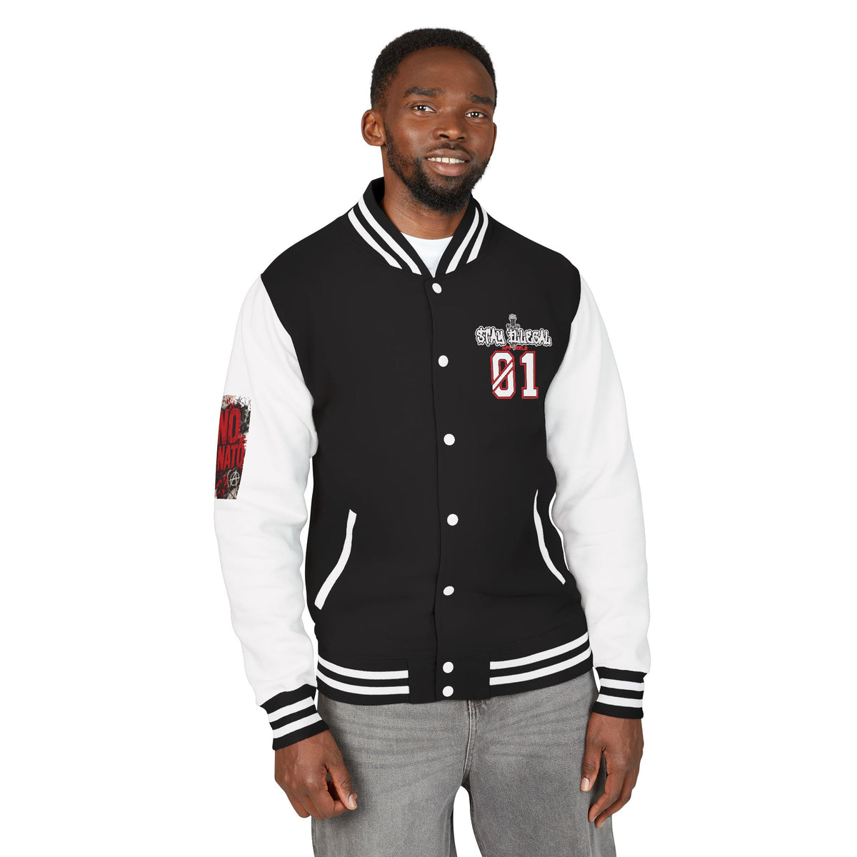 Stay Illegal Varsity Bomber Jacket - Calm Like a Bomb 01 (No To NATO Graphic)